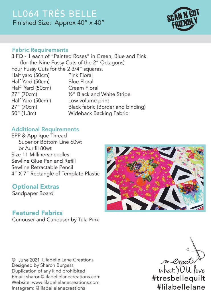 Tres Belle Quilt Kit with Pattern and Templates or Full Kit with Pattern, Templates and EPP Papers