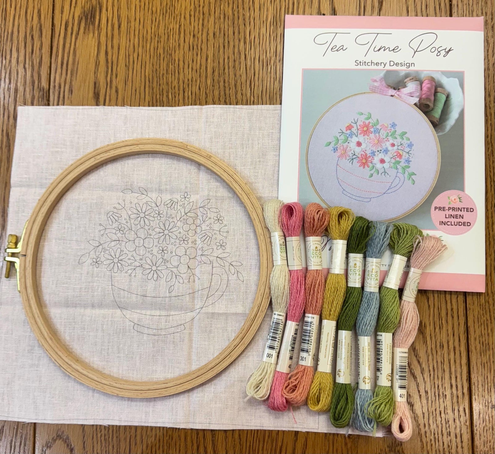 Tea Time Posy Stitchery - Includes Pre Printed Pink Linen