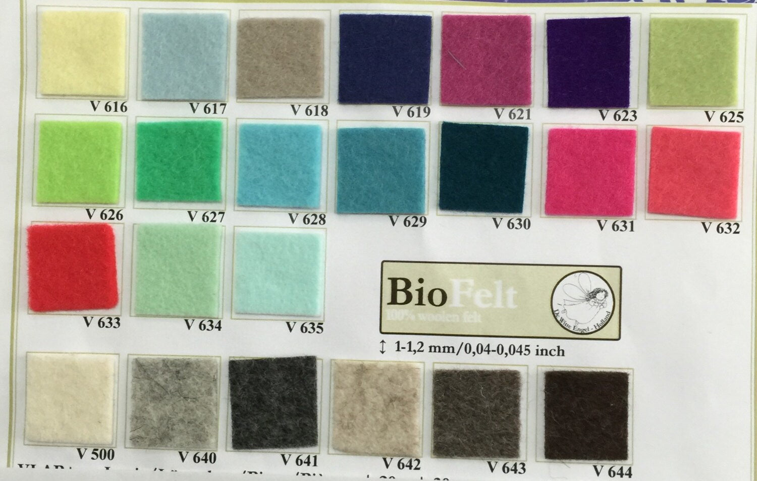 Wool Felt Colour Chart - 100% Pure New Wool Felt