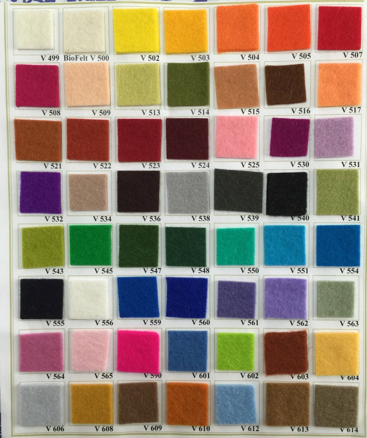 Wool Felt Colour Chart - 100% Pure New Wool Felt