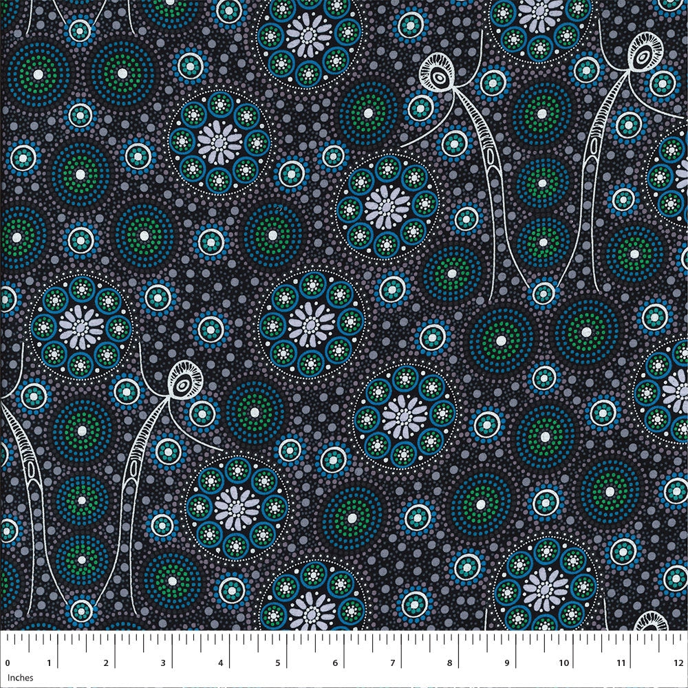 Aboriginal Indigenous Gathering Bush Tucker in Black - Fat Quarter (.25m)