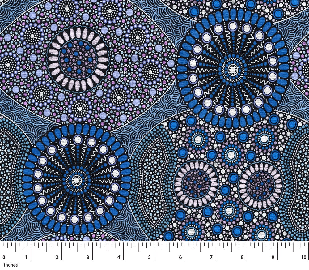 Aboriginal Indigenous Wild Bush Banana & Tomato Viscose/Rayon in Blue - 50 cm x 140 cm
