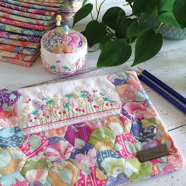 Sophie's Garden - Pouch & Pincushion with Pattern, Fabric, Templates, EPP Papers Pre-printed Linen and Cosmo Threads