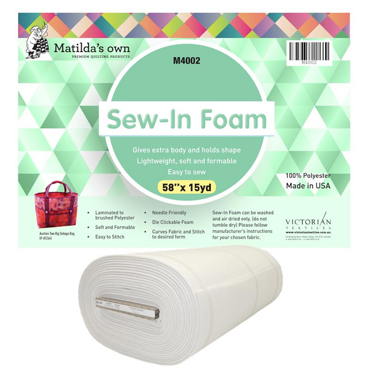 Matilda's Own Sew In Foam bag stabilizer, 58" (148cm) wide x 0.5 Metre